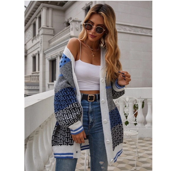 Printed Oversized Button Up V-Neck Cardigan Blue Grey White Black Lantern Sleeve - Picture 6 of 8